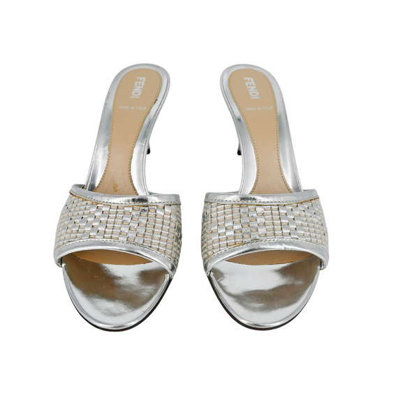 Fendi Silver Metallic Woven Leather Mules Size 37 - Picture 2 of 16